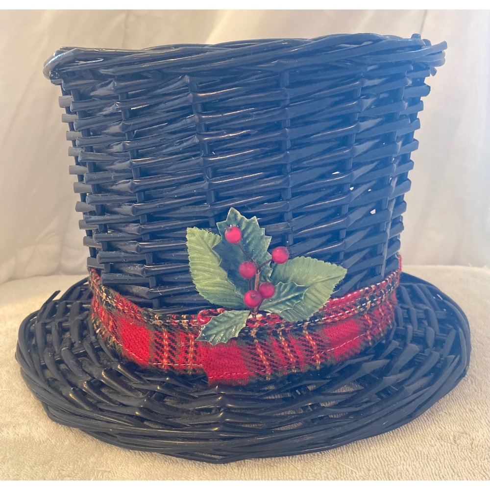VTG Black Wicker Top Hat Basket/Planter/Centerpiece Christmas Holiday Decor 8x13